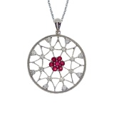Certified 14k White Gold Ruby and Diamond Spider Web Pendant