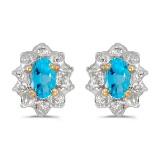 Certified 14k Yellow Gold Oval Blue Topaz And Diamond Earrings