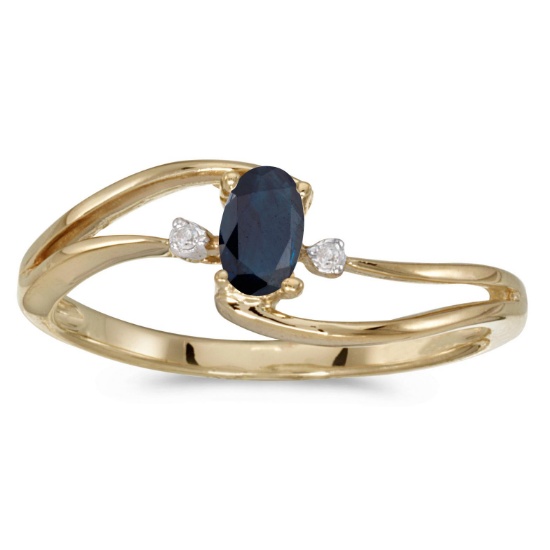 Certified 10k Yellow Gold Oval Sapphire And Diamond Wave Ring 0.26 CTW
