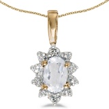 Certified 10k Yellow Gold Oval White Topaz And Diamond Pendant