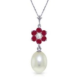 4.53 Carat 14K Solid White Gold Necklace Natural pearl, Ruby Diamond