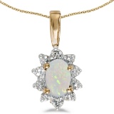 Certified 10k Yellow Gold Oval Opal And Diamond Pendant 0.21 CTW
