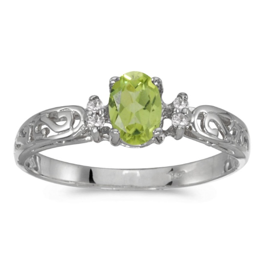 Certified 10k White Gold Oval Peridot And Diamond Ring 0.4 CTW