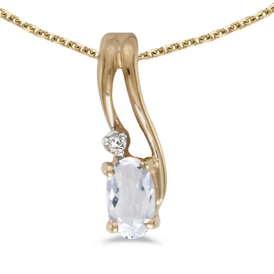 Certified 14k Yellow Gold Oval White Topaz And Diamond Wave Pendant