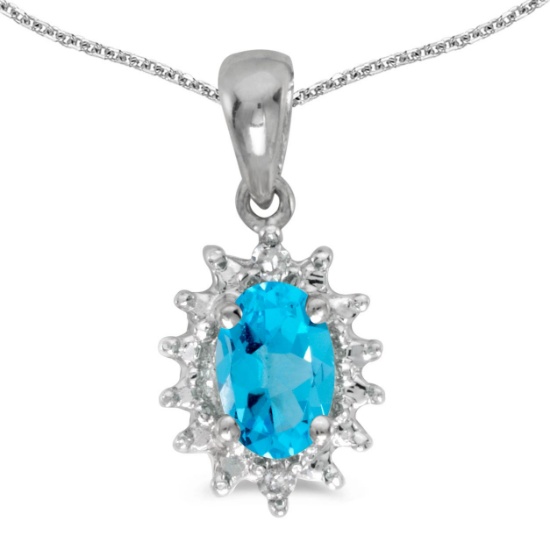 Certified 14k White Gold Oval Blue Topaz And Diamond Pendant