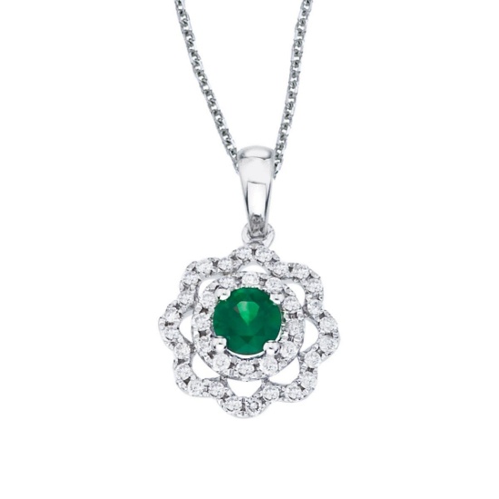 Certified 14k White Gold Emerald and Diamond Round Wave Pendant