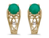 Certified 14k Yellow Gold Round Emerald And Diamond Earrings