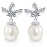9.5 Carat 14K Solid White Gold Dangling Earrings pearl Aquamarine