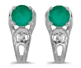Certified 14k White Gold Round Emerald And Diamond Earrings