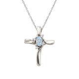 Certified 14K White Gold Aquamarine and Diamond Cross Pendant