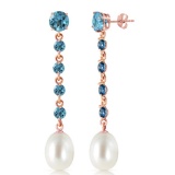 14K Solid Rose Gold Chandelier Earrings with Blue Topaz & pearl