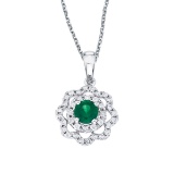 Certified 14k White Gold Emerald and Diamond Round Wave Pendant
