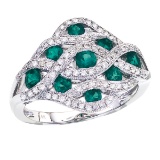 Certified 14k White Gold Flowing Emerald Diamond Ring 1.21 CTW