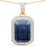 7.25 Carat Genuine Blue Sapphire and White Diamond 14K Yellow Gold Pendant