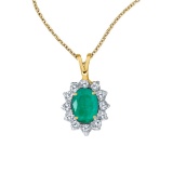 Certified 14k Yellow Gold Oval Emerald Pendant with Diamonds