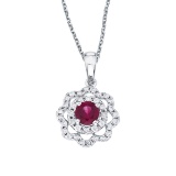 Certified 14k White Gold Ruby and Diamond Round Wave Pendant