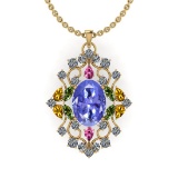 12.10 Ctw SI2/I1 Multi Sapphire,Tanzanite And Diamond 14K Yellow Gold Necklace