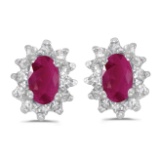 Certified 14k White Gold Oval Ruby And Diamond Earrings
