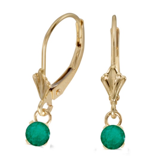 Certified 14k Yellow Gold 5mm Round Genuine Emerald Lever-back Earrings