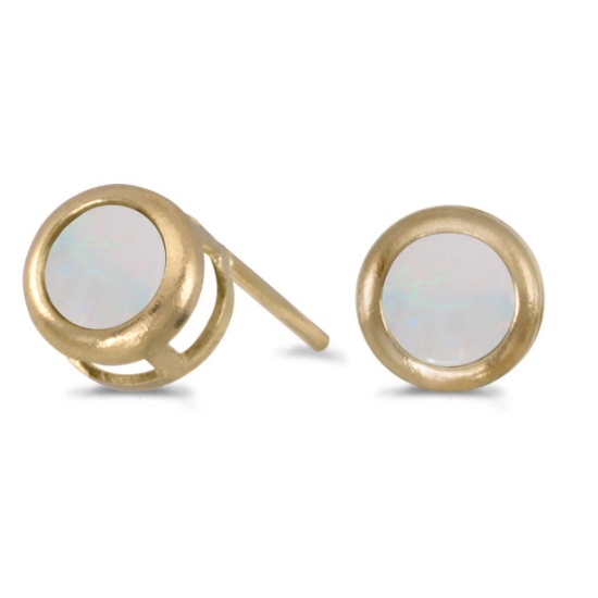 Certified 14k Yellow Gold Round Opal Bezel Stud Earrings