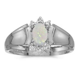 Certified 10k White Gold Oval Opal And Diamond Ring