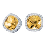Certified 14k White Gold Cushion Cut Citrine And Diamond Earrings