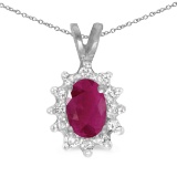 Certified 10k White Gold Oval Ruby And Diamond Pendant
