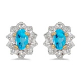 Certified 10k Yellow Gold Oval Blue Topaz And Diamond Earrings