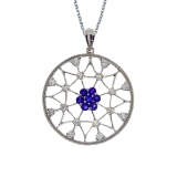 Certified 14k White Gold Sapphire and Diamond Spider Web Pendant