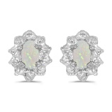 Certified 10k White Gold 5x3 mm Genuine Opal And Diamond Earrings