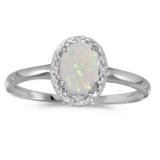 Certified 10k White Gold Oval Opal And Diamond Ring 0.27 CTW