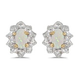 Certified 14k Yellow Gold Oval Opal And Diamond Earrings 0.17 CTW