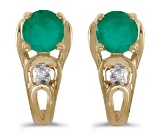 Certified 14k Yellow Gold Round Emerald And Diamond Earrings