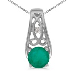 Certified 14k White Gold Round Emerald And Diamond Pendant