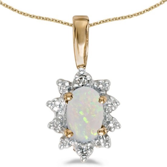 Certified 14k Yellow Gold Oval Opal And Diamond Pendant