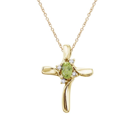 Certified 14K Yellow Gold Peridot and Diamond Cross Pendant