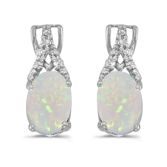 Certified 14k White Gold Oval Opal And Diamond Earrings