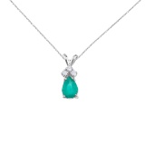 Certified 14K White Gold Pear Shaped Emerald and .05 ct Diamond Pendant