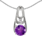 Certified 14k White Gold Round Amethyst And Diamond Pendant