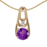 Certified 14k Yellow Gold Round Amethyst And Diamond Pendant