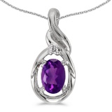 Certified 14k White Gold Oval Amethyst And Diamond Pendant