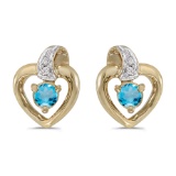 Certified 10k Yellow Gold Round Blue Topaz And Diamond Heart Earrings 0.23 CTW