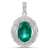 7.61 Carat Genuine Zambian Emerald and White Diamond 18K White Gold Pendant