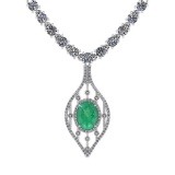9.00 Ctw SI2/I1 Emerald And Diamond 14K White Gold Necklace