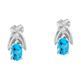Certified 14k White Gold 6x4 mm Blue Topaz and Diamond Oval Shaped Earrings 0.96 CTW