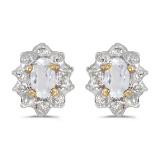 Certified 10k Yellow Gold Oval White Topaz And Diamond Earrings