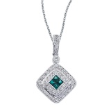 Certified 14k White Gold Oval Emerald and .17 ct Diamond Square Pendant