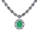 14.44 Ctw SI2/I1 Emerald And Diamond 14K White Gold Necklace