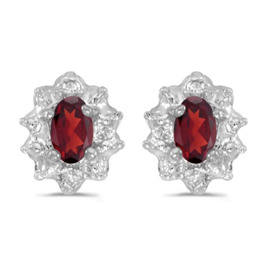 Certified 14k White Gold Oval Garnet And Diamond Earrings