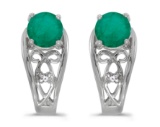 Certified 14k White Gold Round Emerald And Diamond Earrings